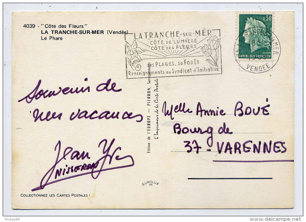 LA TRANCHE SUR MER--1969--Le Phare, Cpsm 10 X 15 N° 4039  éd  De L´Europe---belle Carte-- - La Tranche Sur Mer