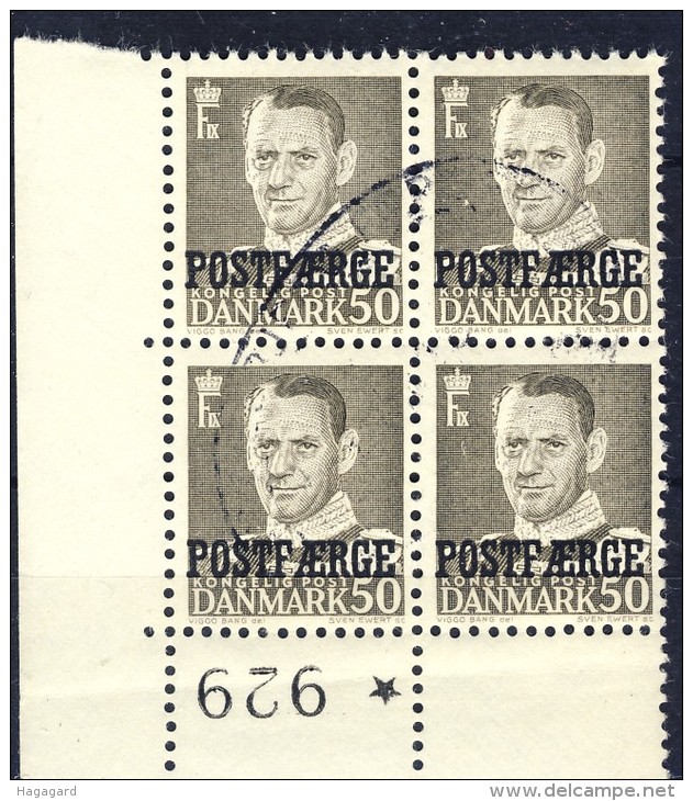 ##Denmark 1950. POSTFAERGE. Numbered Cornerbloc Of 4. Michel 33. Cancelled(o) - Paquetes Postales