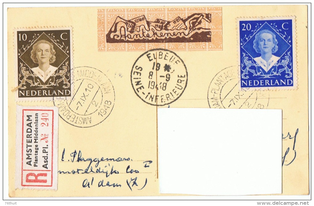 7/9/1948- Nederland - Carte Recommandée - Espéranto - Pour ELBEUF - Yvert Et Tellier 497-498 - Esperanto