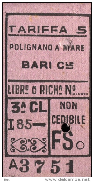 POLIGNANO  A MARE  BARI  BIGLIETTO CARTONCINO RIGIDO SPESSO FERROVIE  DELLO STATO  COME DA FOTO TRENO TRAIN - Europe