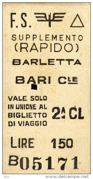 BARLETTA  BARI  BIGLIETTO CARTONCINO RIGIDO SPESSO FERROVIE  DELLO STATO  COME DA FOTO TRENO TRAIN - Europa