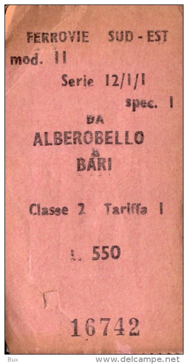 ALBEROBELLO   BARI  BIGLIETTO CARTONCINO  FERROVIE  SUD  EST   DELLO STATO  COME DA FOTO TRENO TRAIN - Europe