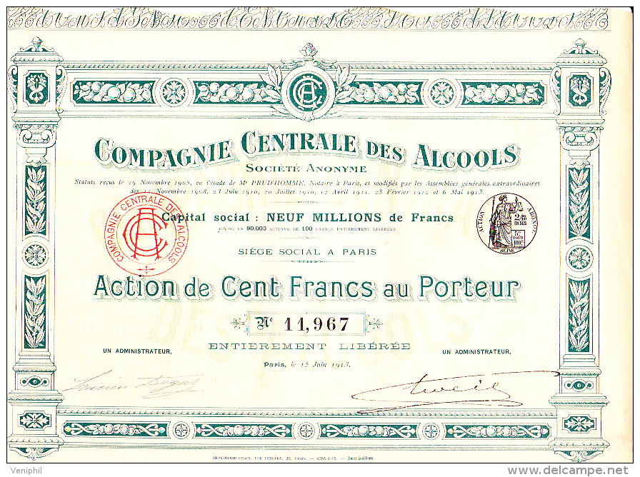 ACTION 100 FRANCS -COMPAGNIE CENTRALE DES ALCOOLS  -1913 - Other & Unclassified