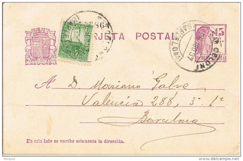 6820. Entero Postal SAN CELONI (Barcelona) 1937. Republica - 1931-....