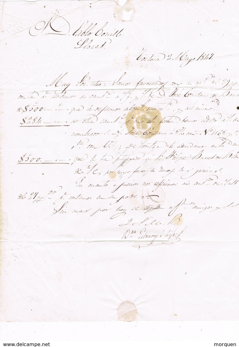 6821. Carta Entera Pre Filatelica TORTOSA (Tarragona) 1847 - ...-1850 Préphilatélie