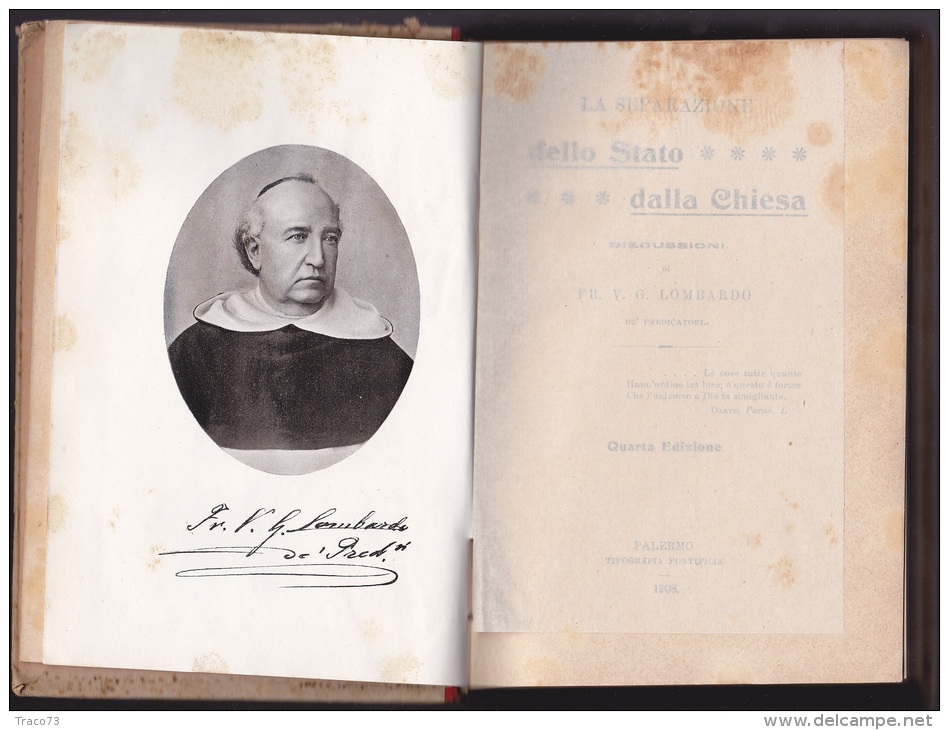 PALERMO  Tip. Pontificia  1908 /    LA SEPARAZIONE DELLO STATO DALLA CHIESA - Discussioni  _ Frate V.G. LOMBARDO - Religion