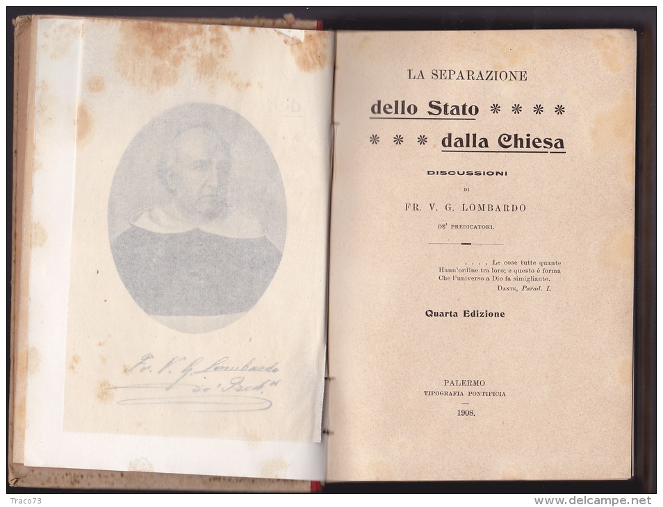 PALERMO  Tip. Pontificia  1908 /    LA SEPARAZIONE DELLO STATO DALLA CHIESA - Discussioni  _ Frate V.G. LOMBARDO - Religion