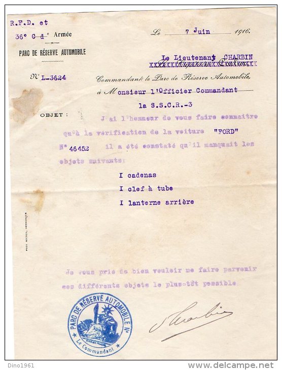 VP939 - Lettre Du Lieutenant CHARBIN Cd Le Parc De Réserve Automobile / Voiture FORD / 36e C D E Armée - Documenti