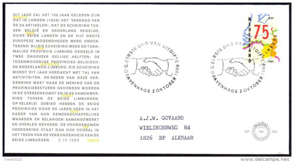 Pays-Bas 1989. Y&T 1340. Province De Limbourg. Emission Commune Avec La Belgique. Carte. Sur FDC - Joint Issues