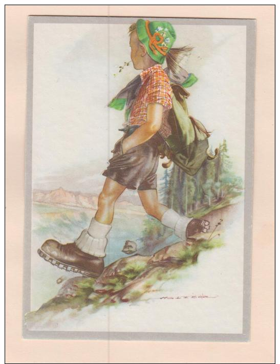 D53938 Postcard 4x6 Vintage Set Of Four Swiss Boy Mountaineer, Signed Holzer (?),  Unused - Autres & Non Classés
