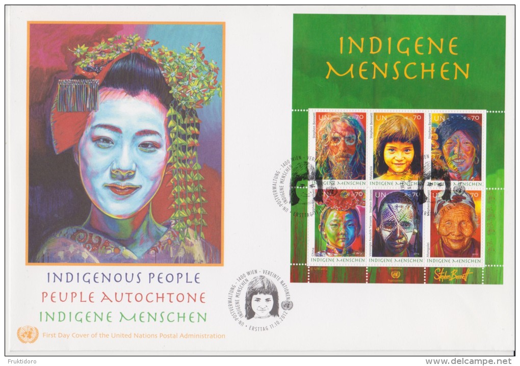 United Nations FDC Block 32 Indigenous Peoples Chile (Easter Island) - Malaysia (Sarawak) - China (Tibet) - 2012 - FDC