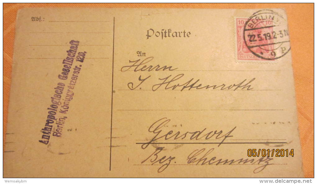 Postkarte Geschäftspost Vom 22.5.1919 Von Berlin (Anthropologische Gesellschaft) Nach Geisdorf - Sonstige & Ohne Zuordnung