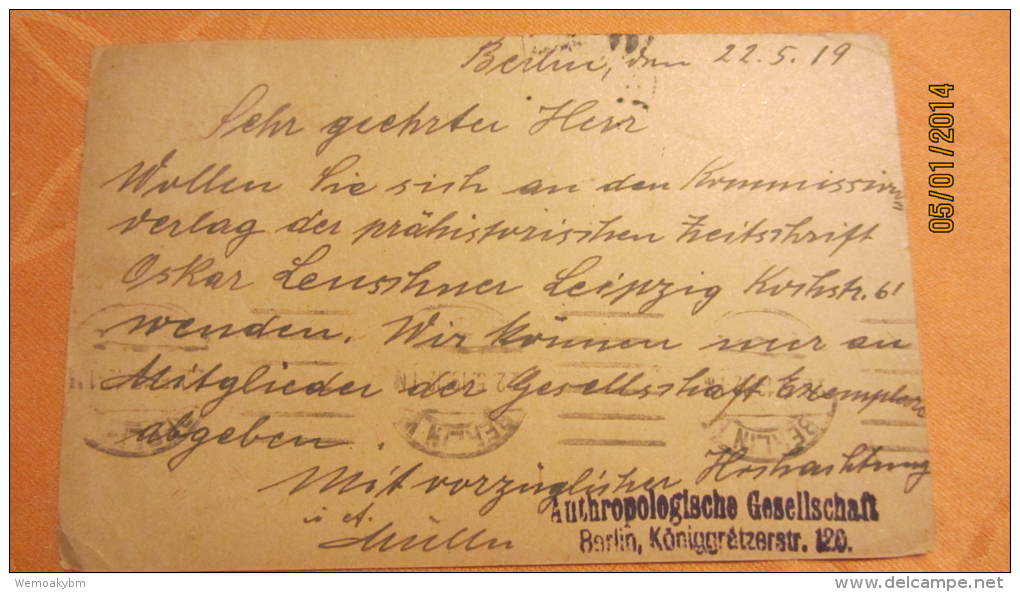 Postkarte Geschäftspost Vom 22.5.1919 Von Berlin (Anthropologische Gesellschaft) Nach Geisdorf - Sonstige & Ohne Zuordnung