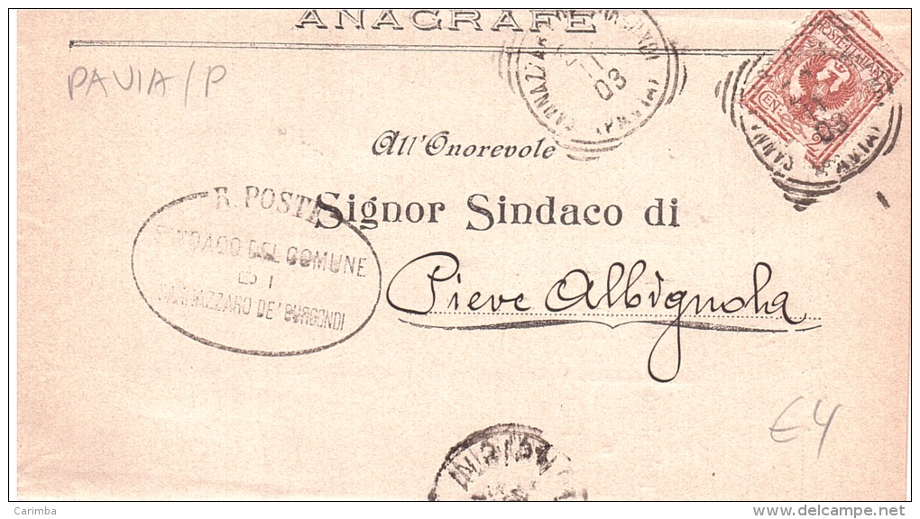 1903 CENT.2 DAL SINDACO DI SANNAZZARODE' BURGONDI A QUELLO DI PIEVA ALBIGNOLA - Storia Postale