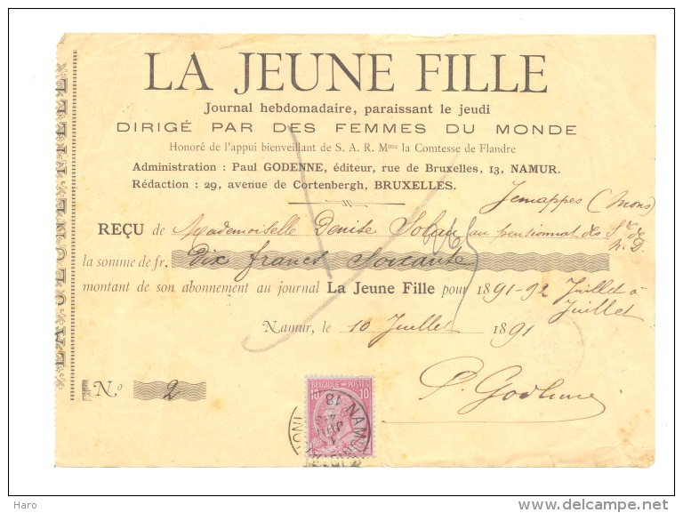 Reçu - Journal "La Jeune Fille" Namur - Bruxelles - Jemappes 1891/1892 (sf87) - 1800 – 1899