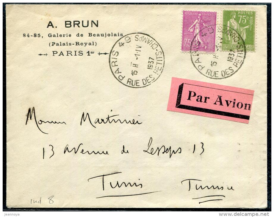 FRANCE - TYPE PAIX - N° 284A + 202, SUR LETTRE AVION, OBL. " AUTOPLAN " DE PARIS 49 LE 1/4/1937, POUR TUNIS - SUP - 1932-39 Paix