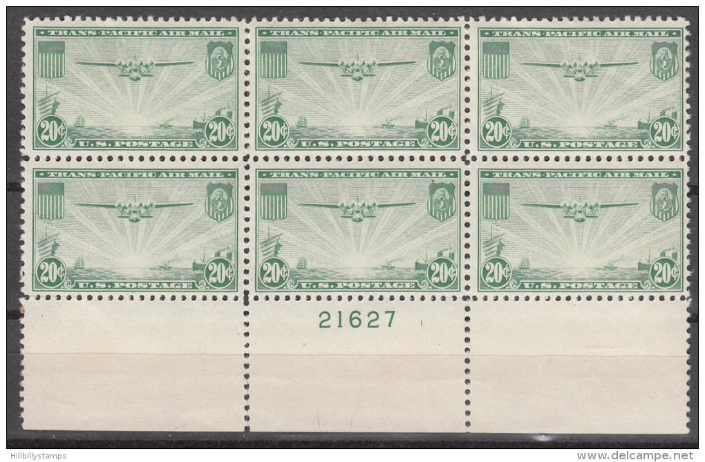 United States    Scott No.  C17    Mnh     Year  1937   Plate Number Block Of 6 - Neufs