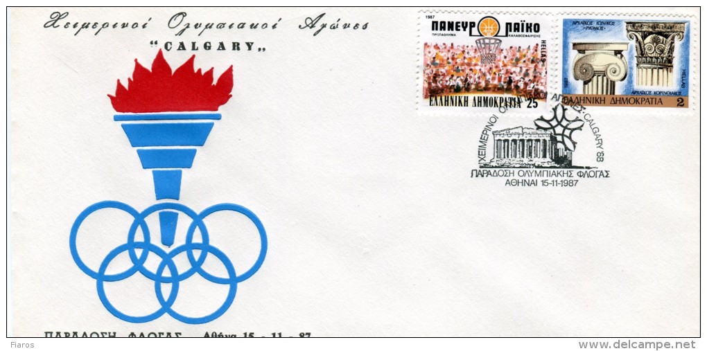 Greece- Commemorative Cover W/ "Winter Olympic Games CALGARY '88: Delivery Of The Olympic Flame" [Athens 15.11.1987] Pmk - Maschinenstempel (Werbestempel)