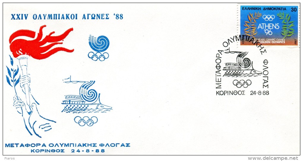 Greece-Greek Commemorative Cover W/ "24th Olympic Games ´88: Transfer Of The Olympic Flame" [Corinth 24.8.1988] Postmark - Postal Logo & Postmarks