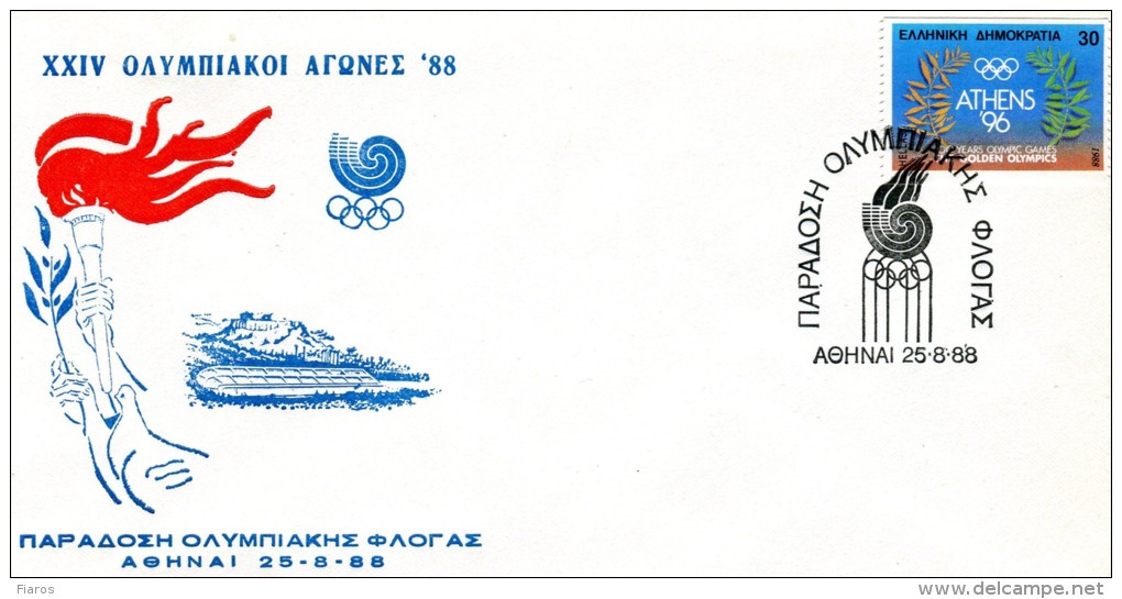 Greece- Greek Commemorative Cover W/ "24th Olympic Games ´88: Delivery Of The Olympic Flame" [Athens 25.8.1988] Postmark - Sellados Mecánicos ( Publicitario)