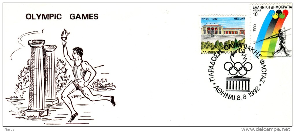 Greece- Greek Commemorative Cover W/ "Olympic Games ´92: Delivery Of The Olympic Flame" [Athens 8.6.1992] Postmark - Sellados Mecánicos ( Publicitario)