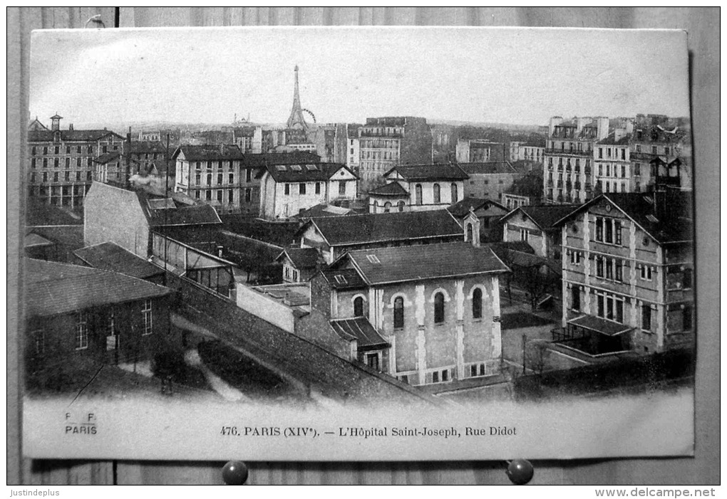 PARIS XIVEME L'HOPITAL SAINT JOSEPH RUE DIDOT  AU FOND LA TOUR EIFFEL CARTE DE 1916 - Gesundheit, Krankenhäuser