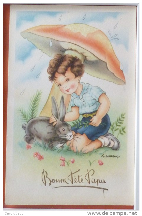 CP Litho Illustrateur GOUGEON 390 FETE PERE Enfant Garcon Pluie Assis Sous Gros Champignon Avec Lapin - Gougeon