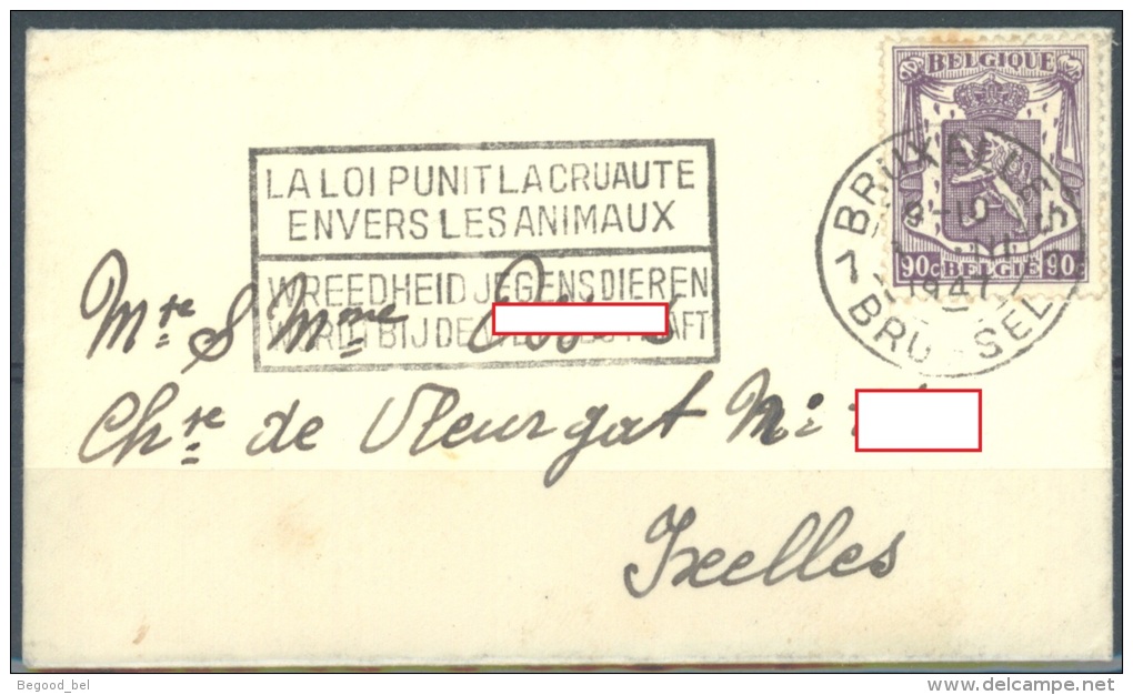 BELGIUM - 9.3.1947 - COVER - LA LOI PUNIT LA CRUAUTE ENVERS LES ANIMAUX WREEDHEID  - Lot 9295 - Sellados Mecánicos