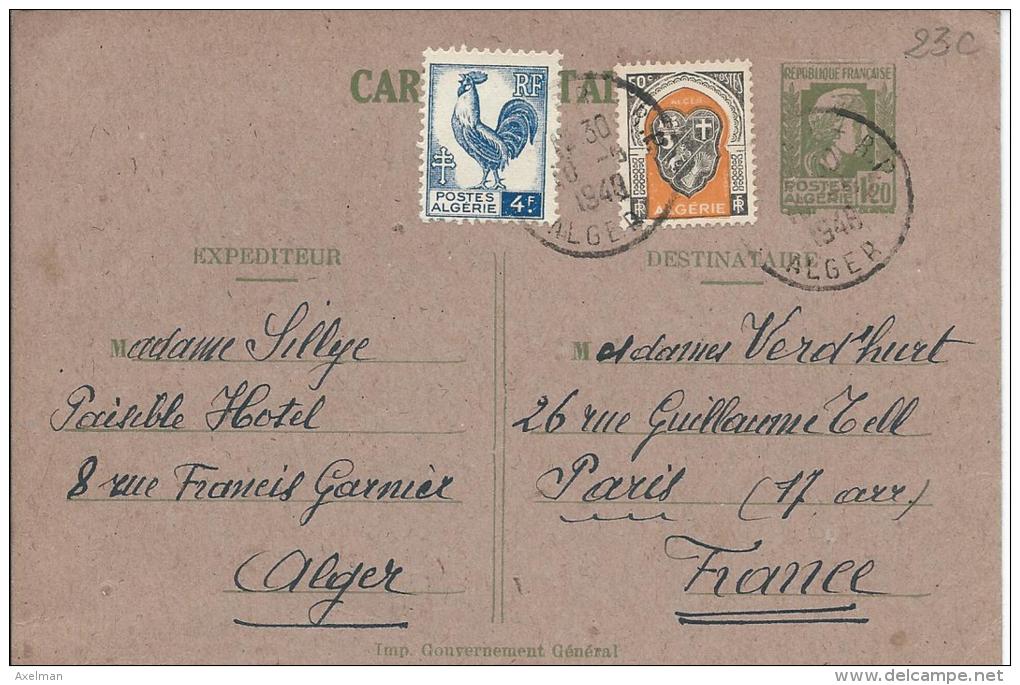 Entiers Postaux: Marianne D´Alger 1;20 F + Complément  Alger à Paris 1948 - Covers & Documents