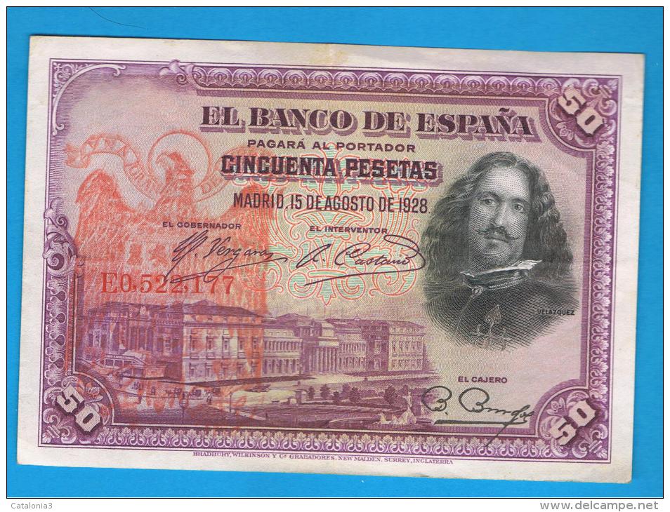 ESPAÑA - 50 Pesetas 1928  RESELLO AGUILA DE SAN JUAN - RARO - 50 Pesetas