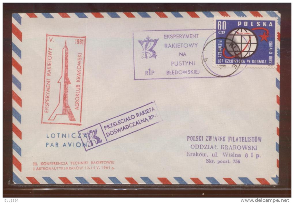 POLAND 1961 KRAKOW EXPERIMENTAL ROCKET FLIGHT FLOWN COVER RED CACHET KLUCZE (b) ROCKETS - Razzi