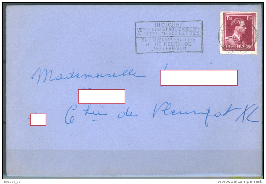 BELGIUM - 1951 - COVER - INDIQUEZ VOTRE NOM ET ADRESSE AU VERSO DE VOS LETTRES  - COB 832 - Lot 9309 - Vlagstempels