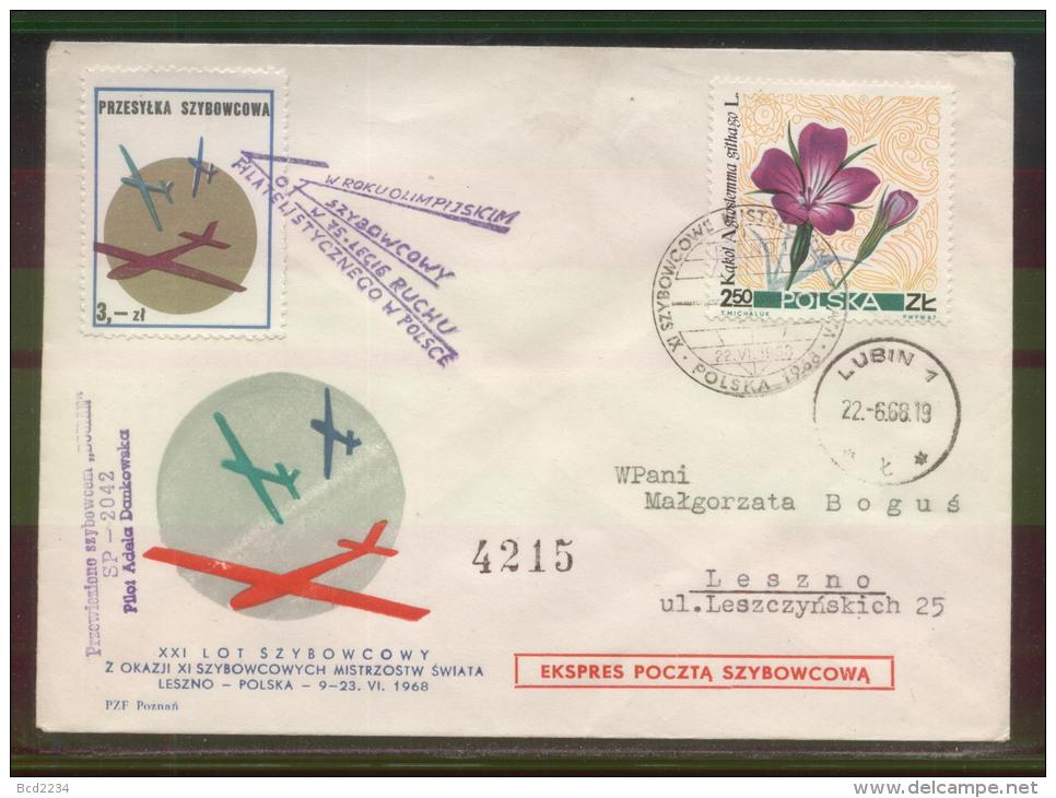 POLAND 1968 XXI GLIDER FLIGHT XI LESZNO GLIDING CHAMPIONSHIPS OLYMPIC YEAR FLOWN GLIDER COVER BOCIAN TYPE 2C CINDERELLA - Alianti