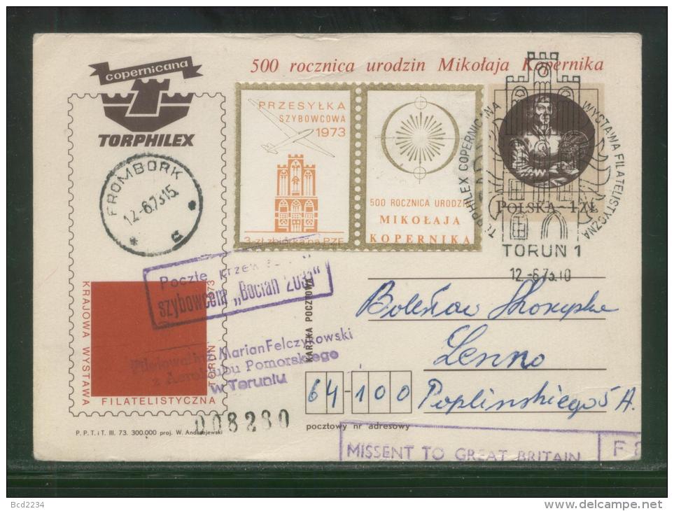 POLAND 1973 TORPHILEX 83 500TH BIRTH ANNIV COPERNICUS FLOWN GLIDER PC TYPE 1 CINDERELLA LABELS MISSENT TO GB - Gleitflieger