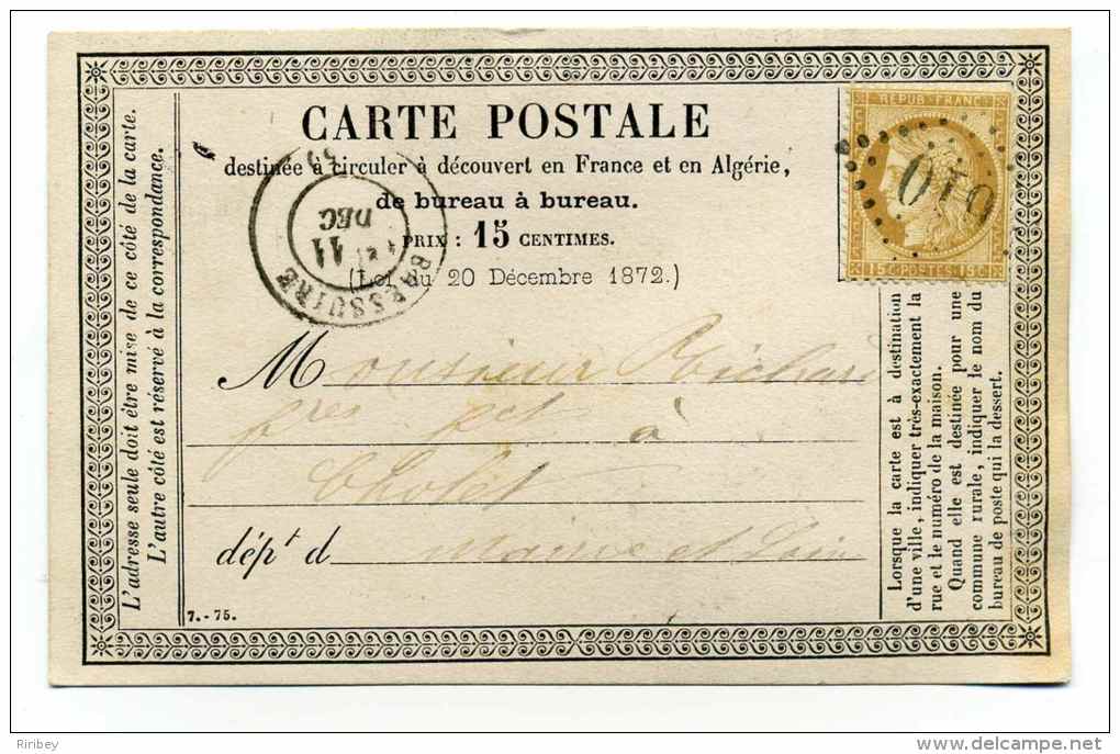 CARTE PRECURSEUR (CPO) :T17 BRESSUIRE + Losange GC 610  / 11 Dec 1875 / Dept 75 DEUX SEVRES - 1849-1876: Période Classique