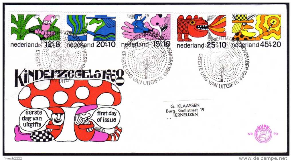 Pays-Bas 1968. Y&T 877/82.  Pour L'enfance. Personnages De Contes De Fées. Géant, Sorcière, Dragon, Magicien,... Sur FDC - Covers & Documents