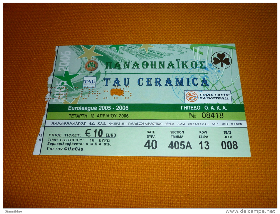 Panathinaikos-Tau Ceramica Spain Euroleague Basketball Ticket 2006 - Tickets D'entrée