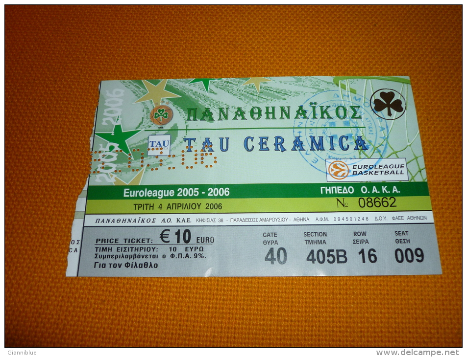 Panathinaikos-Tau Ceramica Spain Euroleague Basketball Ticket 4/4/2006 - Tickets D'entrée