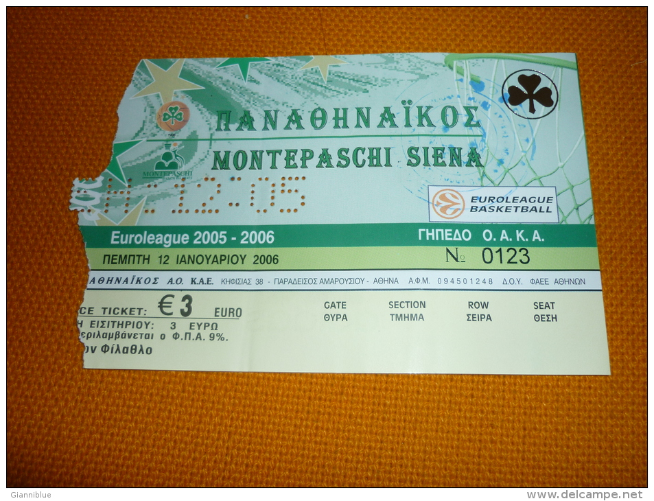 Panathinaikos-Montepaschi Siena Italy Euroleague Basketball Ticket 12/1/2006 - Match Tickets