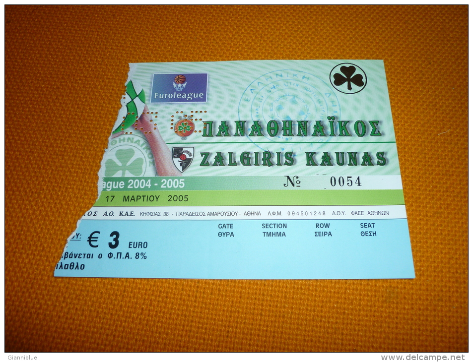 Panathinaikos-Zalgiris Kaunas Lithuania Euroleague Basketball Ticket 17/3/2005 - Tickets & Toegangskaarten