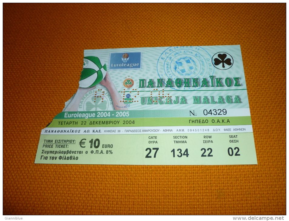 Panathinaikos-Unicaja Malaga Spain Euroleague Basketball Ticket 22/12/2004 - Tickets & Toegangskaarten