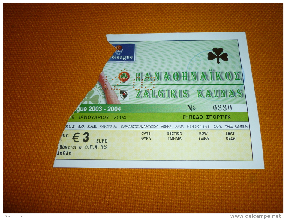 Panathinaikos-Zalgiris Kaunas Lithuania Euroleague Basketball Ticket 8/1/2004 - Match Tickets