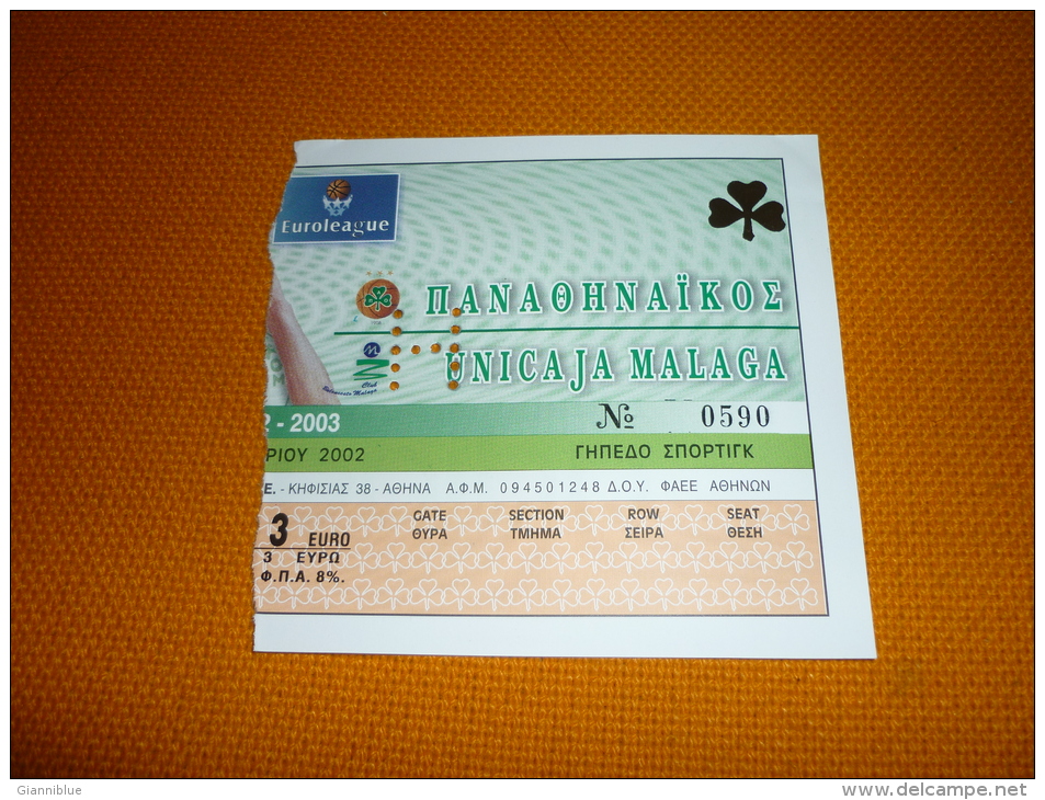 Panathinaikos-Unicaja Malaga Spain Euroleague Basketball Ticket 2002 - Tickets D'entrée