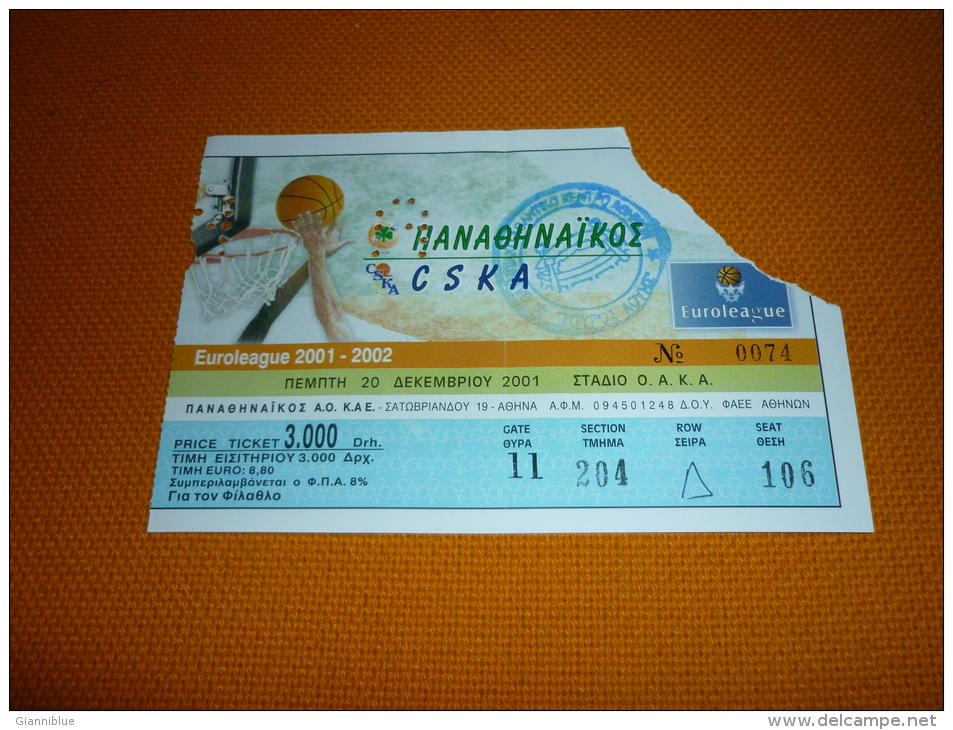 Panathinaikos-CSKA Moscow Russia Euroleague Basketball Ticket 20/12/2001 - Tickets D'entrée