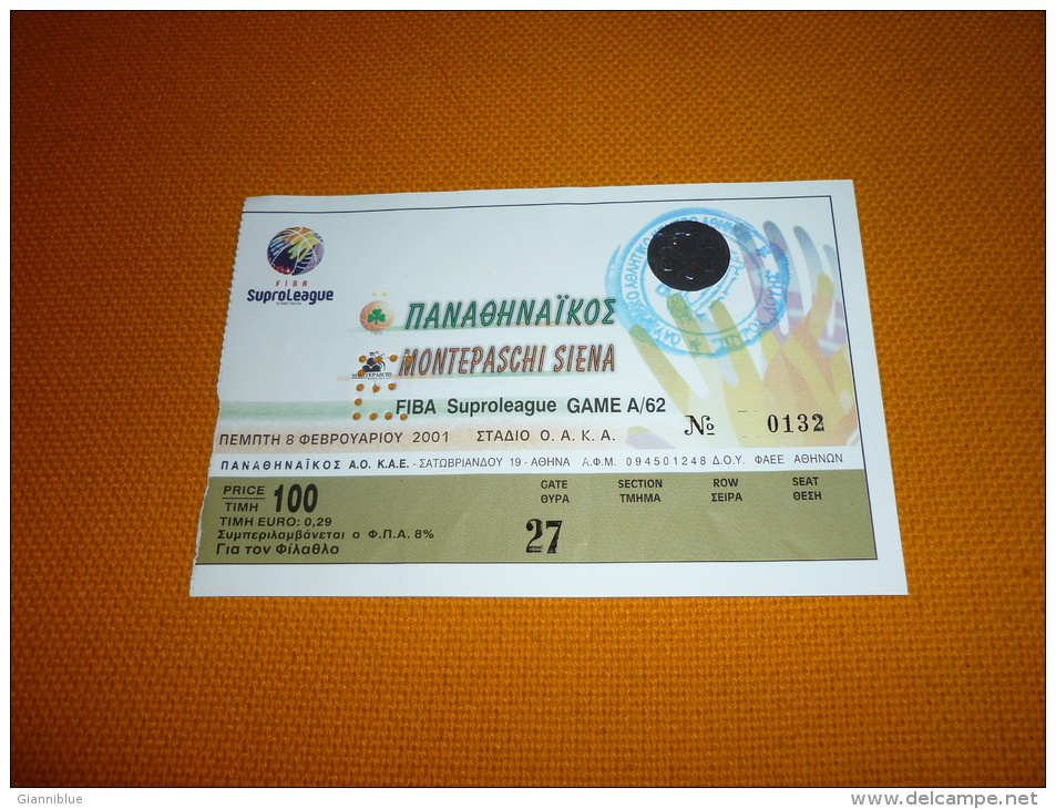 Panathinaikos-Montepaschi Siena Italy Suproleague-Euroleague Basketball Ticket 8/2/2001 - Tickets & Toegangskaarten