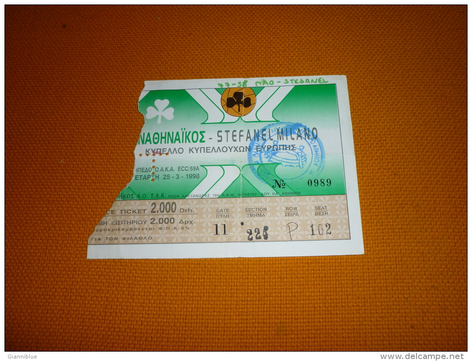 Panathinaikos-Stefanel Milano Italy Eurocup Basketball Ticket 25/3/1998 - Tickets D'entrée