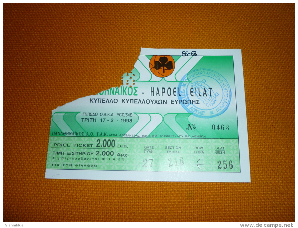 Panathinaikos-Hapoel Eilat Israel Eurocup Basketball Ticket 17/2/1998 - Tickets D'entrée