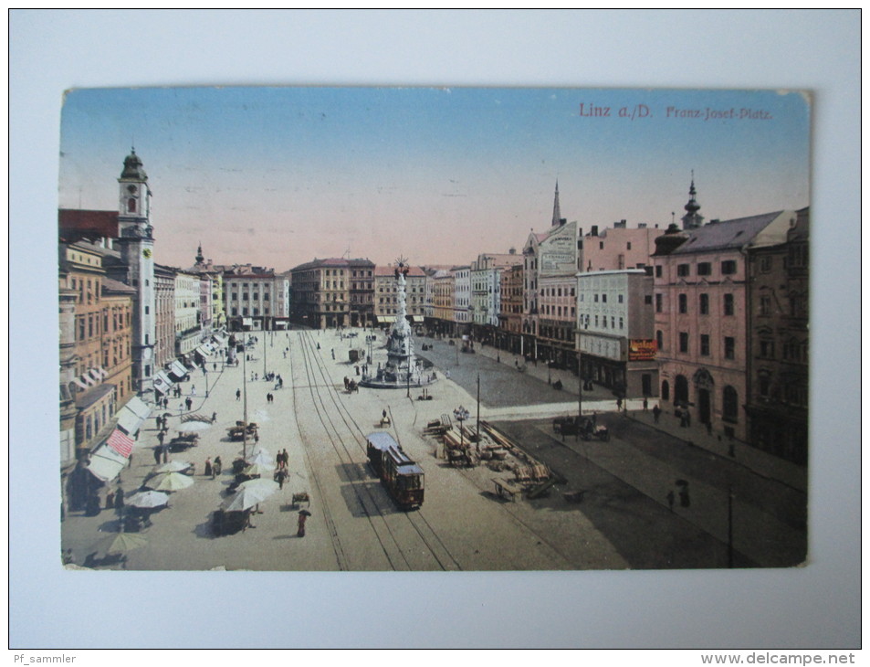 AK Linz A./D. Franz Josef Platz Straßenbahn Und Markt (?) 1914 Echt Gelaufen!! - Linz