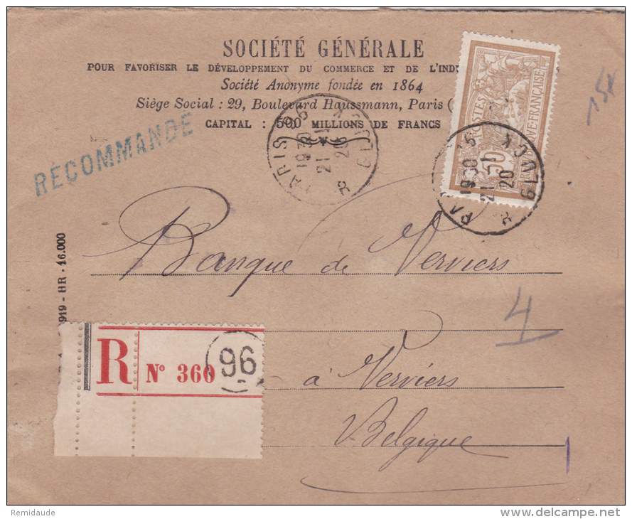 1920 - ENVELOPPE RECOMMANDEE Avec MERSON PERFORE "SG" De LA SOCIETE GENERALE De PARIS Pour VERVIERS (BELGIQUE) - Sonstige & Ohne Zuordnung