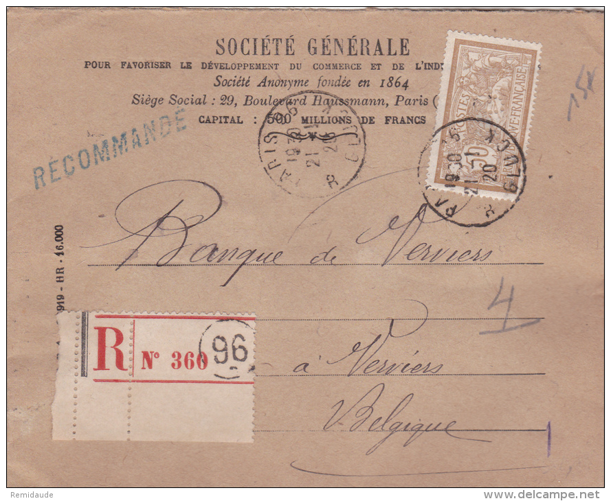 1920 - ENVELOPPE RECOMMANDEE Avec MERSON PERFORE "SG" De LA SOCIETE GENERALE De PARIS Pour VERVIERS (BELGIQUE) - Autres & Non Classés